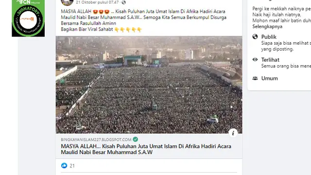Cek Fakta Liputan6.com menelusuri klaim foto jutaan orang di Afrika merayakan Maulid Nabi Muhammad