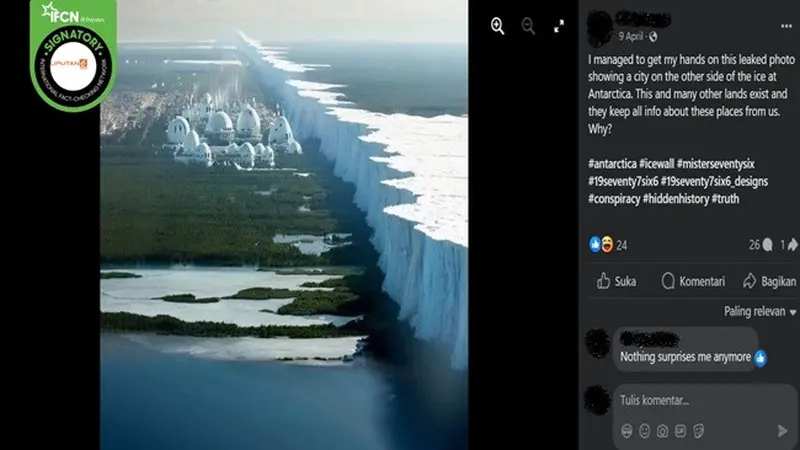 Gambar tangkapan layar foto yang diklaim terdapat sebuah kota di balik tembok es Antartika. (sumber: Facebook)