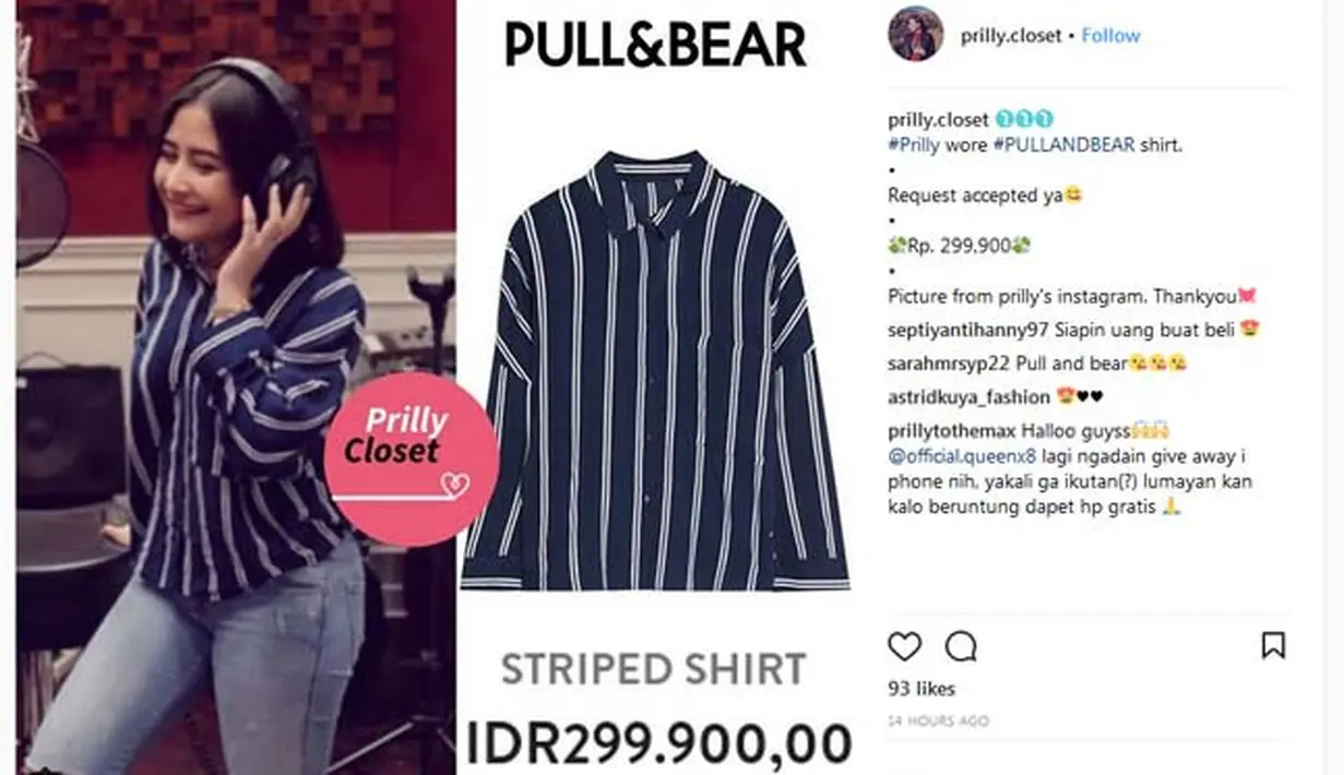 Striped Shirt seperti ini juga menjadi pilihan Prilly untuk menunjang penampilannya sehari-hari. Kemeja bermerek Pull&Bear ini hanya bernilai Rp. 299.900. (Instagram/prilly.closet)
