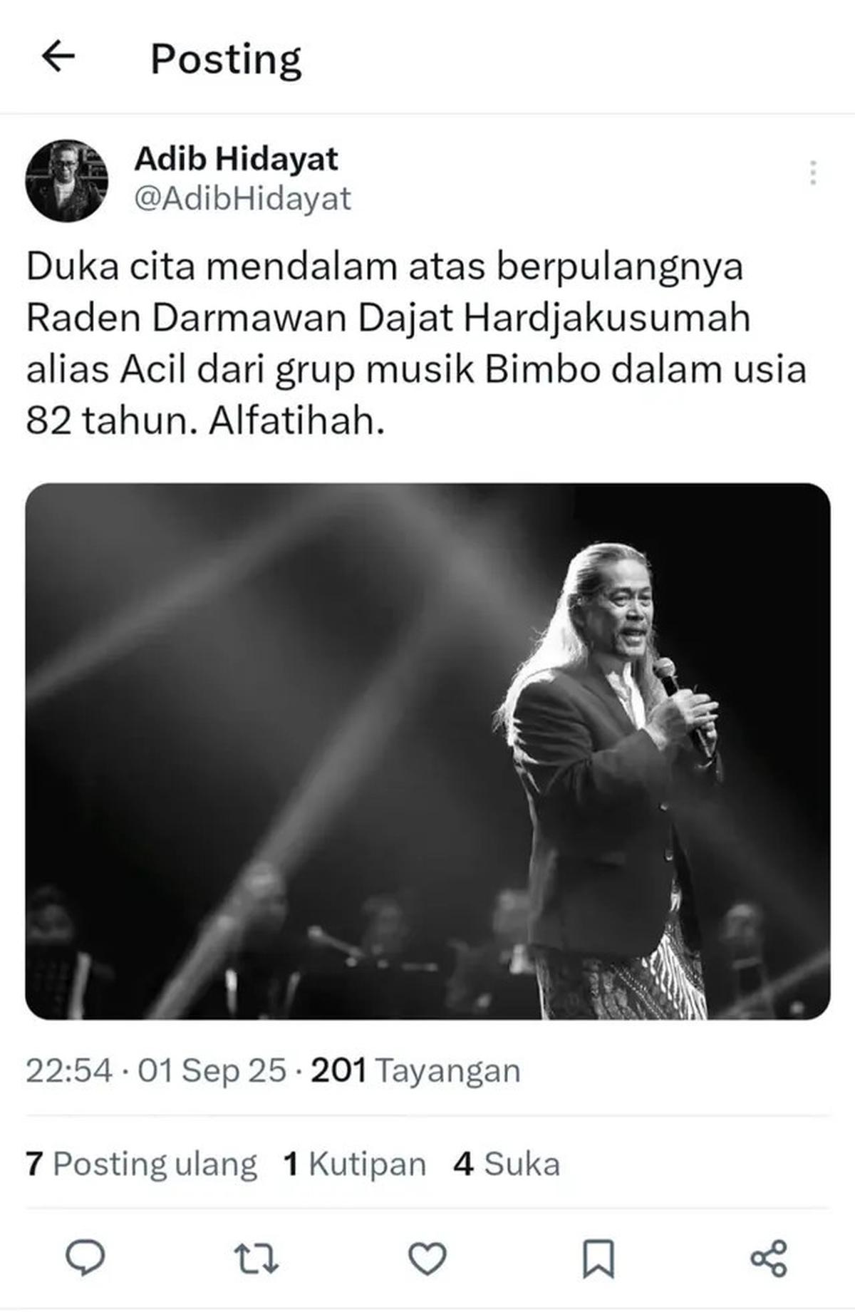 Musisi Acil Bimbo Meninggal Dunia Dalam Usia 82 Tahun