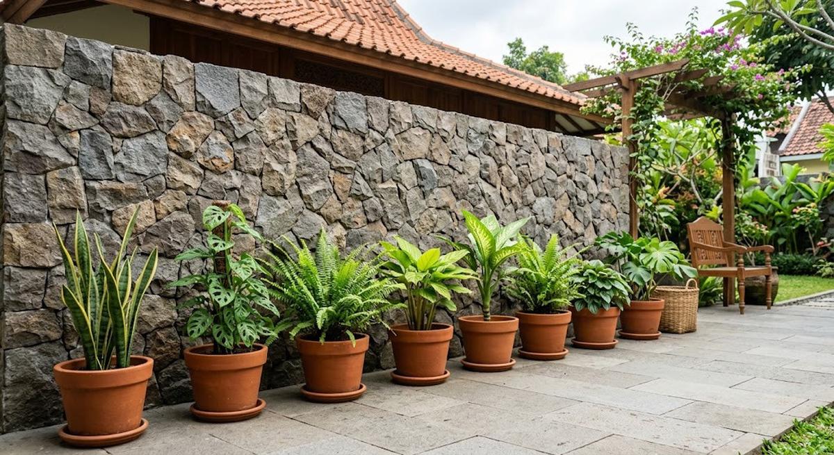 Model dinding belakang rumah dengan kombinasi batu alam dan tanaman model dengan tanaman pot berderet