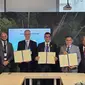 PT Pupuk Indonesia (Persero) bersama PT PLN (Persero) dan ACWA Power menandatangani Joint Development Agreement (JDA) untuk pengembangan ekosistem green hydrogen dan green ammonia di kawasan industri Petrokimia Gresik (dok: Humas)