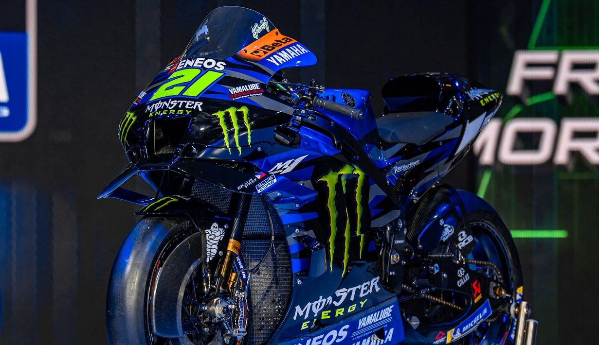 Livery Yamaha Monster Energy pada MotoGP 2023 masih didominasi warna biru tua. Warna kebanggaan Yamaha itu dipadukan dengan kelir hitam plus dikelilingi para sponsor untuk MotoGP. (Dok. Yamaha)