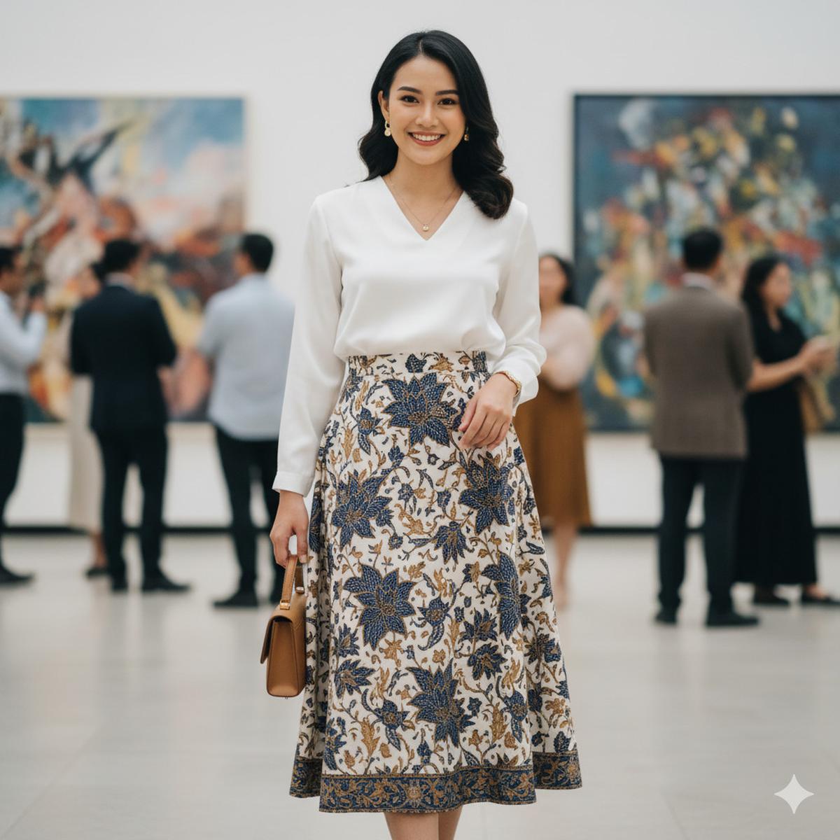 Rok Midi Batik Dipadukan Blouse Putih Polos