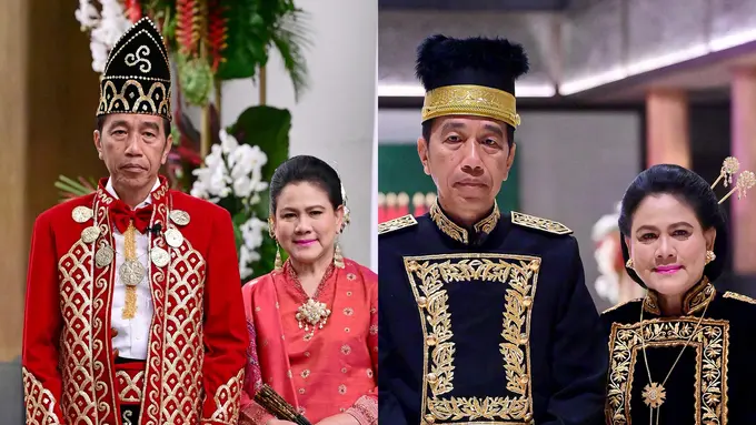 Presiden Joko Widodo (Jokowi) mengenakan dua macam pakaian adat dari dua provinsi berbeda saat HUT ke-79 RI di Istana Negara Ibu Kota Nusantara (IKN), Kalimantan Timur (Kaltim).