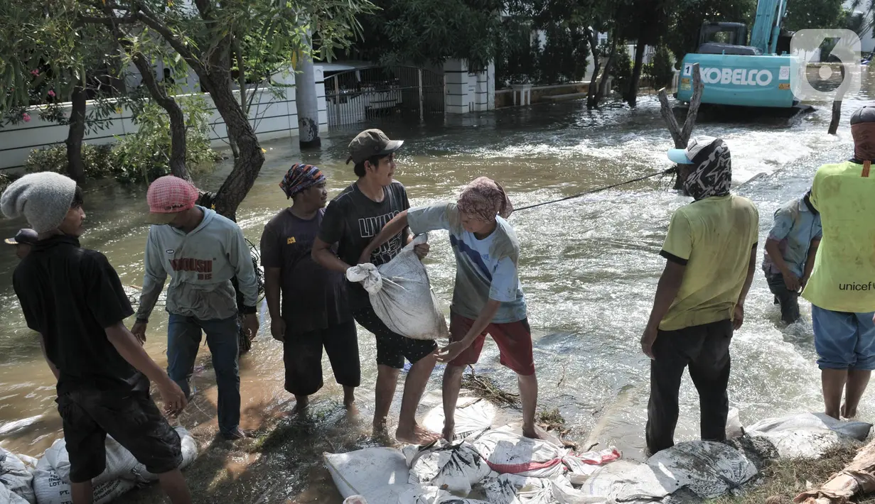 Pekerja menyelesaikan perbaikan tanggul jebol di Kompleks Perumahan Pantai Mutiara, Pluit, Jakarta, Minggu (7/6/2020). Tanggul jebol dengan panjang sekitar 10 meter yang terjadi bersamaan air pasang pada Sabtu (6/6) menyebabkan perumahan tersebut terendam banjir rob. (Liputan6.com/Iqbal S. Nugroho)