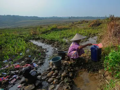 Warga saat mengambil air pada sumber air tersisa pada tengah sawah di Kampung Rawa Bogo Kaler, Weninggalih, Bogor, Senin (21/08/2023). )(merdeka.com/Arie Basuki)