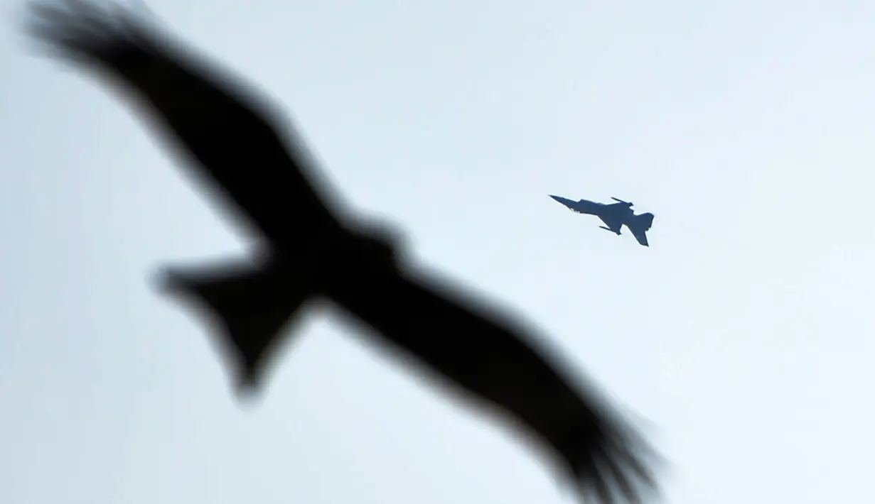 Jet tempur F-16 Pakistan melakukan manuver sebelum jatuh saat latihan jelang parade militer Hari Pakistan di Islamabad, Rabu (11/3/2020). Belum ada konfirmasi lebih lanjut bagaimana nasib pilot dan co-pilot pesawat nahas tersebut. (Aamir QURESHI/AFP)