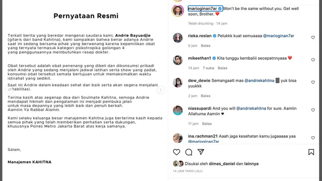 Unggahan Mario Ginanjar soal gitaris Kahitna tersandung narkoba. (Foto: Dok. Instagram @marioginan7ar)