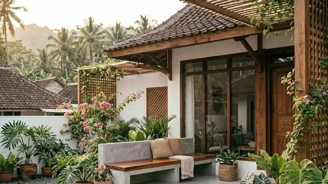 Rumah Desa Homey dengan Bangku Cor Kayu Minimalis