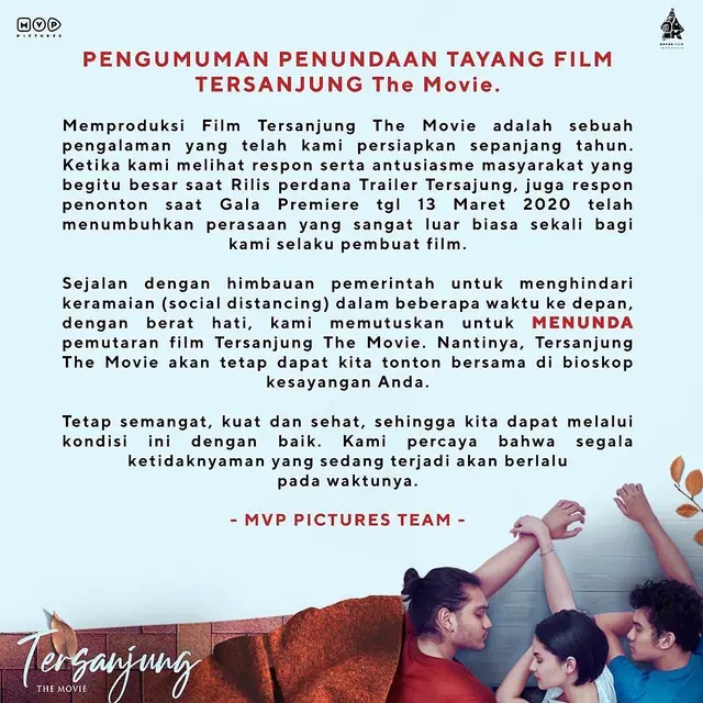 Pengumuman penundaan penayangan film Tersajung. (Foto: Dok. Instagram @mvppictures_id)