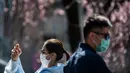 Seorang wanita mengenakan masker melewati pohon sakura di taman Ueno, Tokyo, Jepang (12/3/2020).  Di tengah kekhawatiran akan penyebaran virus corona COVID-19, Ahli meteorologi memprediksi bunga sakura mulai mekar sekitar 17 Maret di Tokyo.  (AFP/Philip Fong)