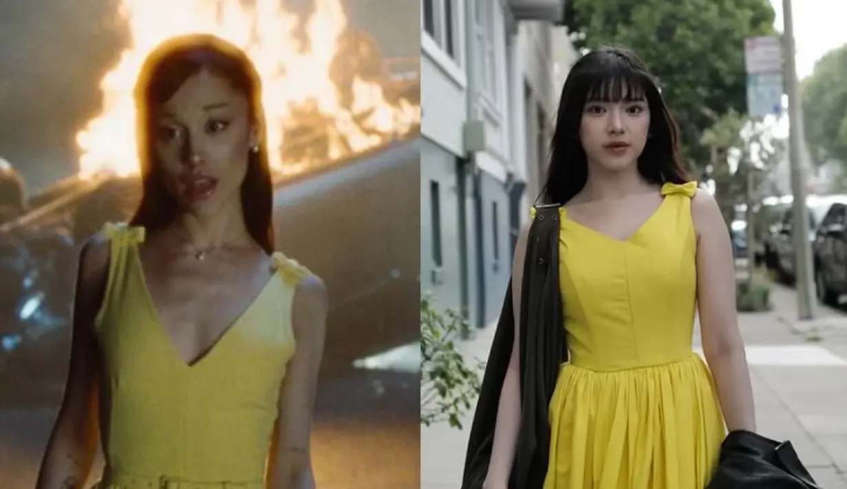 Tengah berada di Amerika Serikat, Tiara Andini tampil dengan long dress kuning mirip Ariana Grande dalam video klip musiknya. [@tiaraandini]