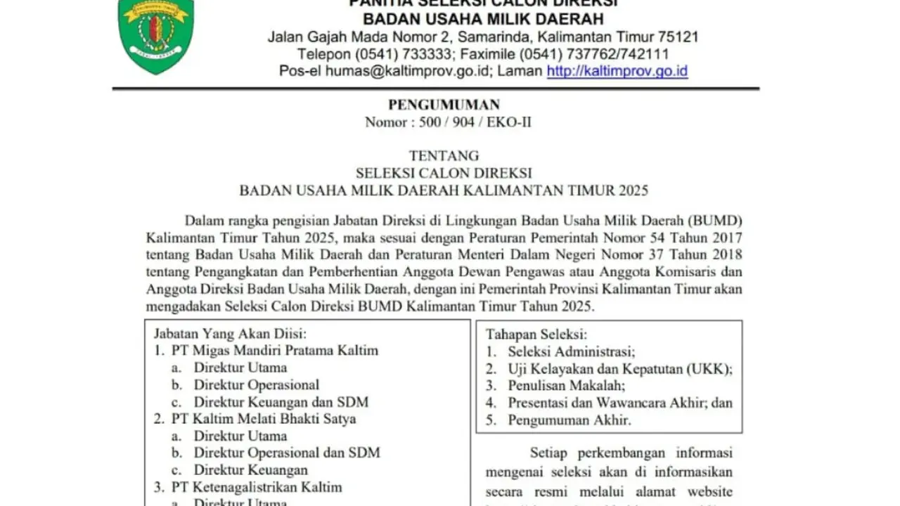 Jangan Lewatkan! Pendaftaran Direksi BUMD Kaltim 2025 Kini Resmi Dibuka