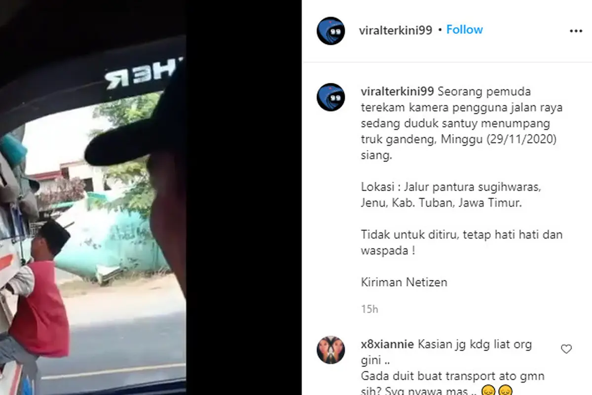 Seperti dilansir akun Instagram @viralterkini99, Senin (30/11/2020), terlihat seorang pria santai duduk di antara lampu belakang truk.