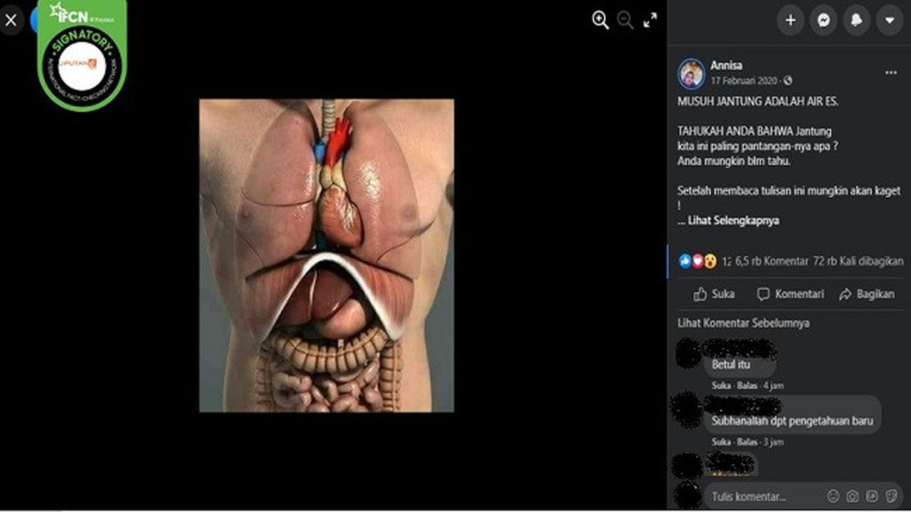 Gambar Tangkapan Layar Kabar Hoaks Mengonsumsi Air Es Berbahaya Bagi Jantung (sumber: Facebook)