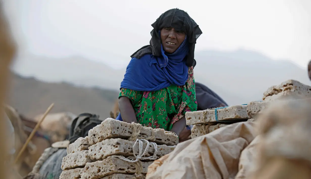 Seorang wanita memindahkan garam untuk di jual ke kota Berhale di Danakil Depression, Afar, Ethiopia (28/3). Danakil Depression merupakan satu daerah di Ethiopia yang memiliki suhu udara tertinggi di dunia. (AFP Photo/Zacharias Abubeker)