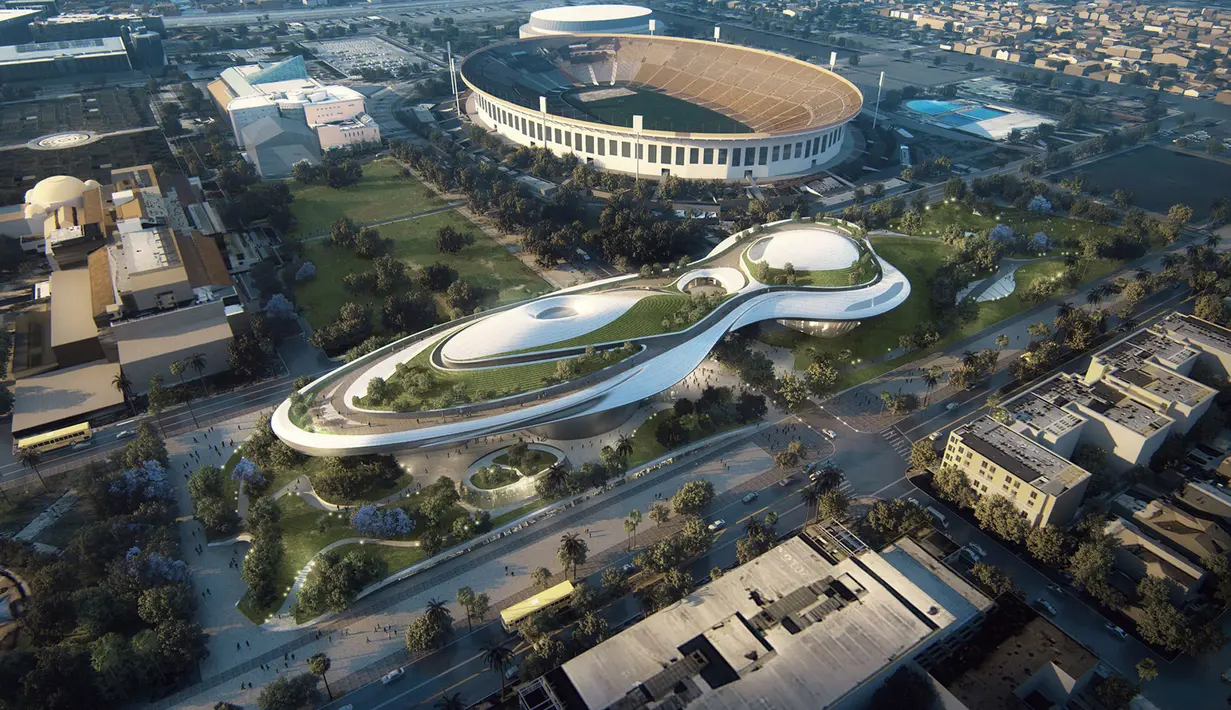 Salah satu usulan desain konsep Lucas Museum dengan lokasi di Exposition Park di Los Angeles, AS (1/3). Lucas Museum nantinya akan menampilkan koleksi seni pribadi sang pembuat film legendaris, George Lucas. (Lucas Museum of Narrative Art via AP)
