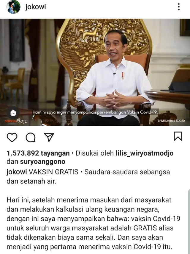 Unggahan Presiden Jokowi. (Foto: Instagram @jokowi)