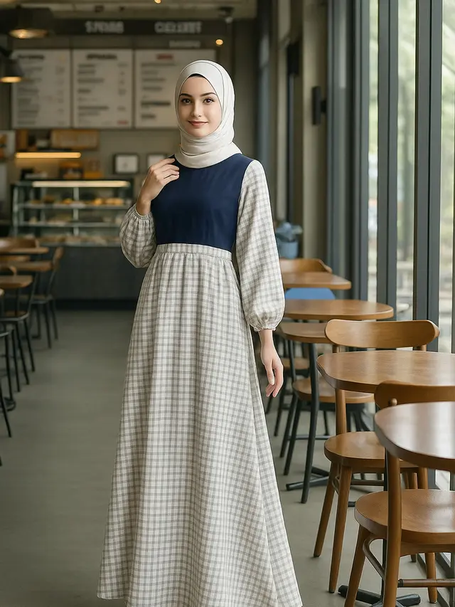 Outfit Gamis Kotak-Kotak Kombinasi Polos dan Tips Memilihnya/viaGPT