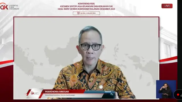 Ketua Dewan Komisioner Otoritas Jasa Keuangan (OJK) Mahendra Siregar, melaporkan, stabilitas sektor jasa keuangan nasional hingga Desember 2023 tetap terjaga, yang didukung permodalan solid dan likuiditas memadai.