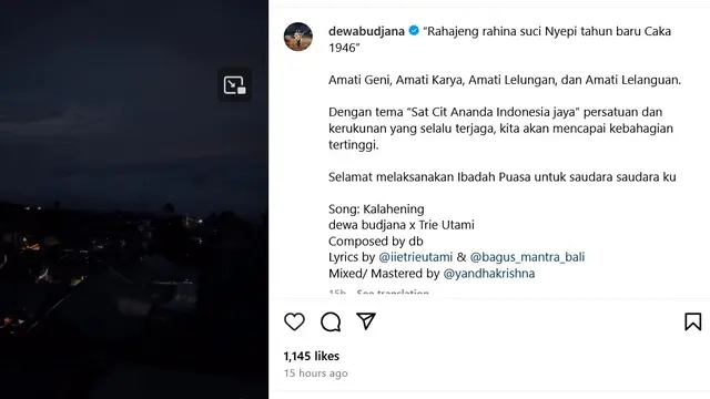 Unggahan Nyepi Dewa Budjana. (Instagram/ dewabudjana)