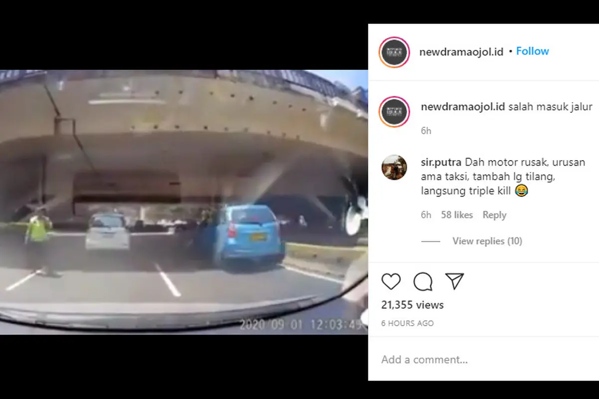 Sebuah video yang dibagikan akun Instagram @newdramaojol.id memperlihatkan sebuah motor yang melakukan pelanggaran mengalami kecelakaan