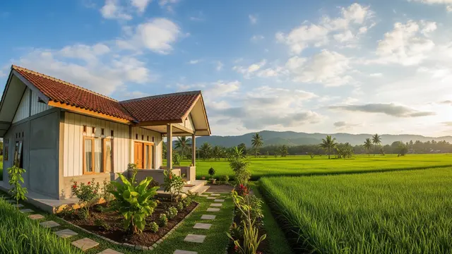 Rumah Sederhana di Desa dengan Pemandangan Sawah