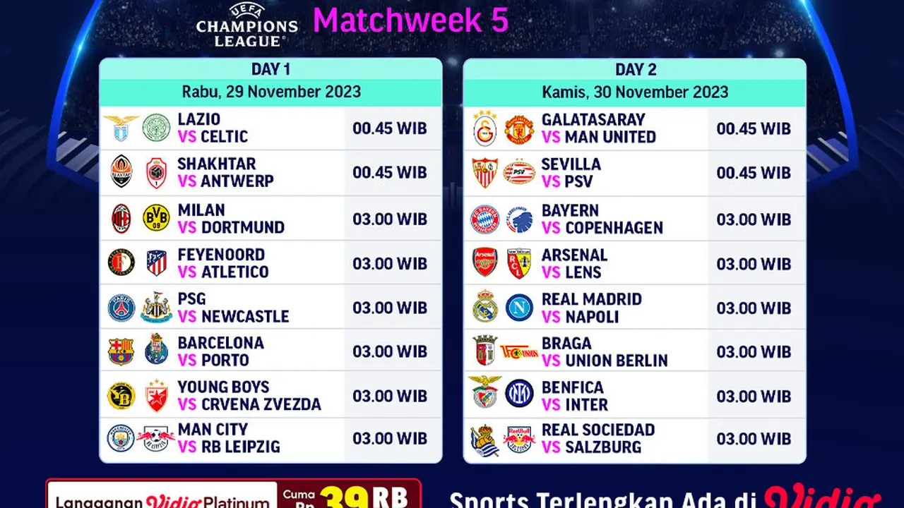 Siaran Langsung Liga Champions 23/24 Pekan 5 di Vidio