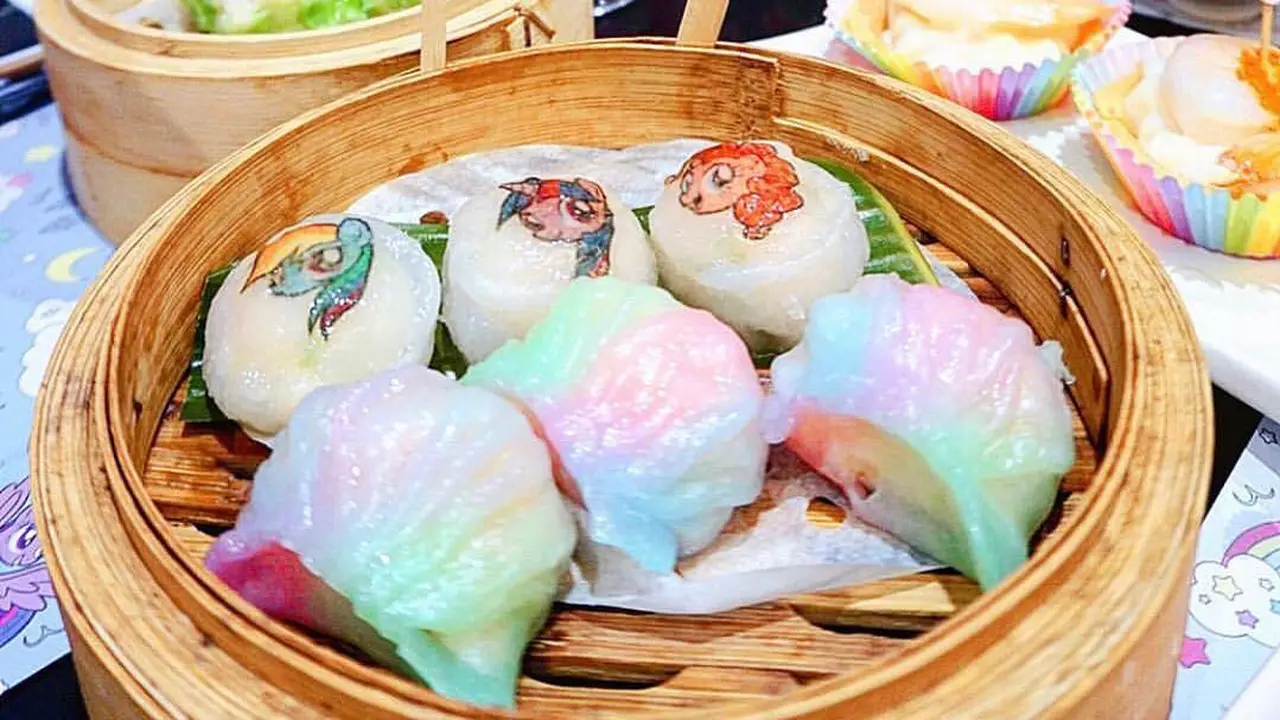 Dim sum icon yang menyajikan dim sum dengan kartu Unicorn