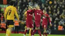 <p>Penyerang Liverpool, Darwin Nunez berselebrasi usai mencetak gol ke gawang Wolverhampton Wanderers pada putaran ketiga Piala FA di stadion Anfield, Inggris, Minggu (8/1/2023). Hasil imbang ini berarti kedua tim akan bertemu dalam pertandingan ulang (replay) di kandang Wolves, Molineux, untuk menentukan pemenang yang berhak melaju ke putaran Piala FA 2022-2023 berikutnya. (AP Photo/Jon Super)</p>