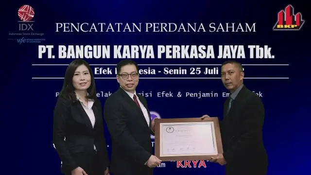 Pencatatan perdana saham PT Bangun Karya Perkasa Jaya Tbk (KRYA) pada Senin, (25/7/2022) (Foto: BEI)