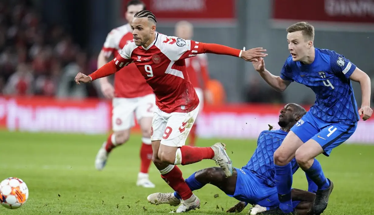 Denmark berhasil mengatasi Finlandia dengan skor 3-1. (Liselotte Sabroe/Ritzau Scanpix/AFP)