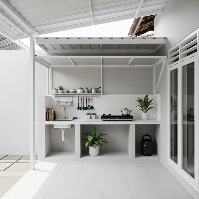 Dapur Terbuka Minimalis Anti Cipratan Minyak yang Dinding Terjaga Kebersihannya Model dengan Sirkulasi Terbuka