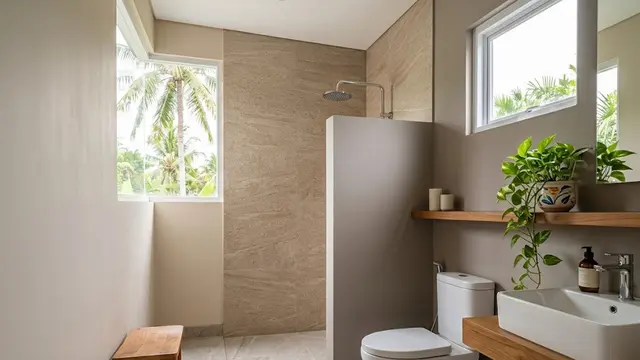 Kamar Mandi Natural dengan Batu dan Aksen Kayu