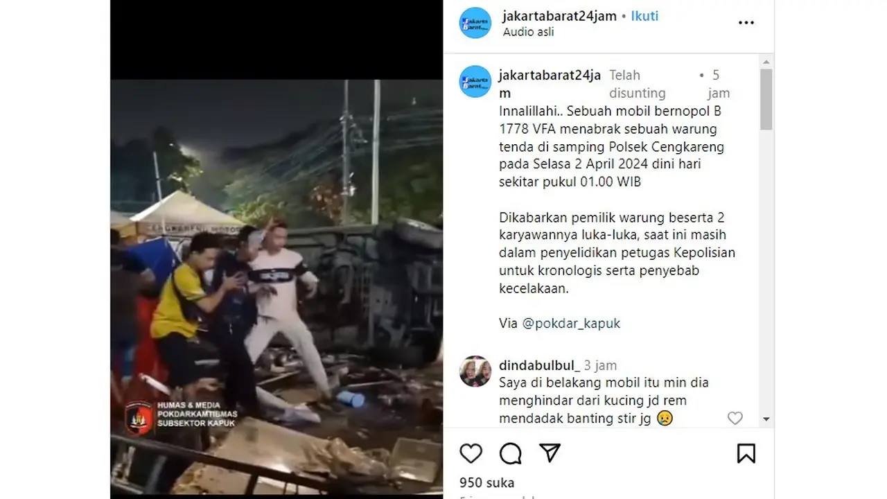 Mobil Tabrak Warung Tenda di Samping Polsek Cengkareng, 3 Orang Luka