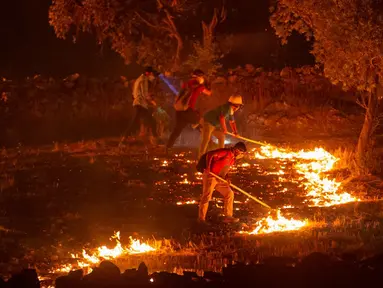 Warga mencoba memadamkan api yang menyebar di Desa Akcayaka, Milas, Provinsi Mugla, Turki, Jumat (6/8/2021). Warga ikut berjuang melawan kebakaran hutan paling mematikan dalam beberapa dekade di Turki. (Yasin AKGUL/AFP)