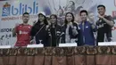 Pebulutangkis Indonesia foto bersama usai memberikan keterangan saat jumpa pers di hotel Sultan, Jakarta, Selasa, (2/7/2018). Blibli Indonesia Open 2018 akan berlangsung pada 3-8 Juli 2018 di Istora Senayan, Jakarta. (Bola.com/M Iqbal Ichsan)