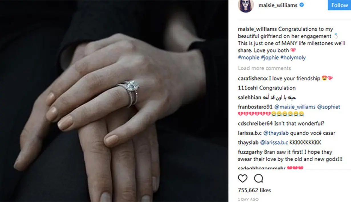 Mengetahui banyaknya rekan-rekan media yang memenuhi lokasi pesta pertunangan itu, Sophie Turner dan Joe Jonas yang bergandengan tangan tidak lupa menyapa semuanya yang ada di sekitar. (Instagram/Sophie Turner)