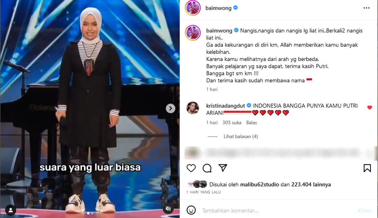 <p>Baim membagikan video singkat penampilan Putri Ariani dan detik-detik mendapatkan Golden Buzzer dari juri. [Instagram/baimwong]</p>