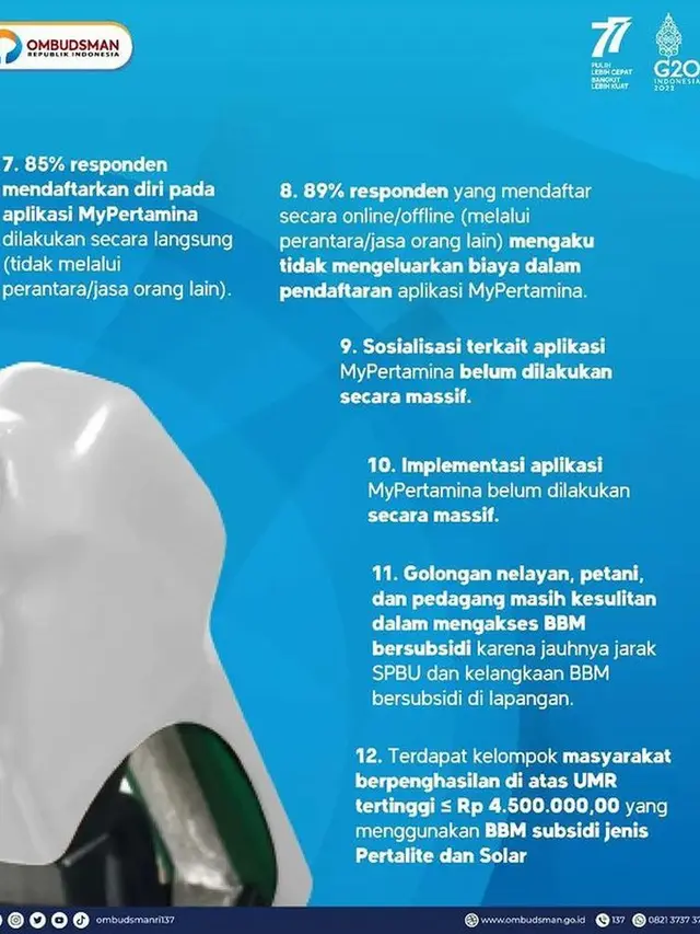 Ombudsman RI telah mengelesaikan Kajian Cepat terkait Pembatasan BBM Bersubsidi Melalui Aplikasi MyPertamina. Dalam kajian ini menghasilkan 12 kesimpulan. (Sumber: Instagram Ombudsman RI)