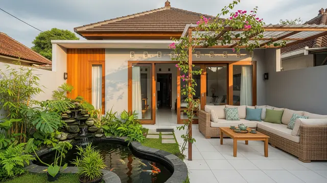 Desain Belakang Rumah Minimalis yang Cocok untuk Kolam Ikan Kecil dan Sudut Santai Keluarga