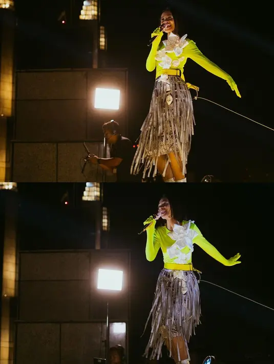 Andien Aisyah muncul dengan outfit panggung yang nyentrik saat membawakan lagu “C.H.R.I.S.Y.E”. [Instagram/andienmusic]