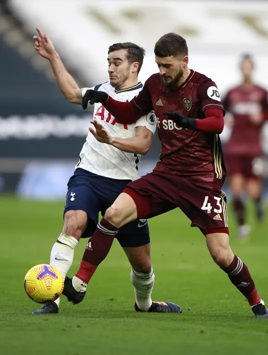 Bek Tottenham Hotspur, Harry Winks berebut bola dengan pemain Leeds United, Mateusz Klich pada pertandingan lanjutan Liga Inggris di Tottenham Hotspur Stadium di London (2/1/2021). Tottenham naik ke peringkat ketiga klasemen sementara dengan 29 poin dari 16 laga. (AP Photo/Ian Walton, Pool)