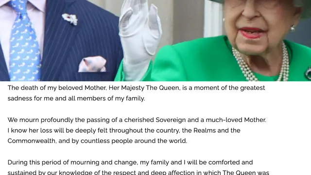 Pernyataan sikap Pangeran Charles terkait meninggalnya Ratu Elizabeth II. (Foto: Dok. Royak.uk)