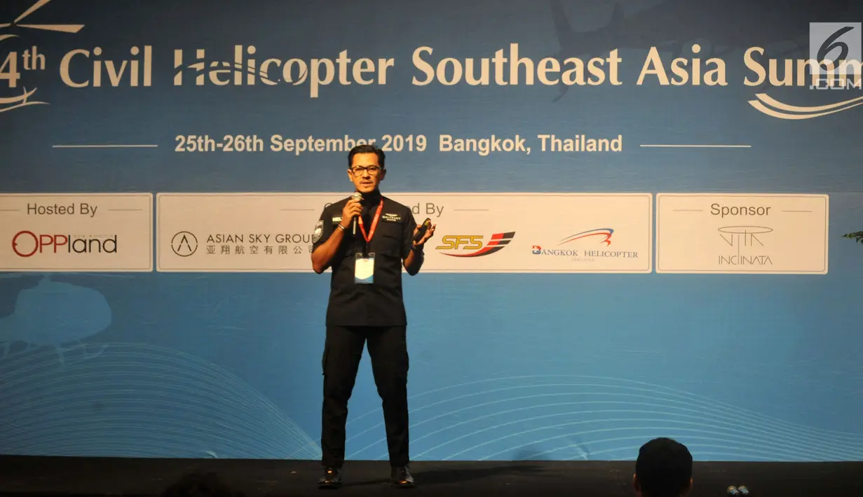 CEO Whitesky Aviation Denon B Prawiraatmadja memberi pemaparan dalam  4th Civil Helicopter Southeast Asia Summit, di Bangkok Kamis (26/9/2019). Whitesky Aviation melalui Helicity, sedang menjajaki ekspansi pasar helikopter di kawasan Asia Tenggara. (Liputan6.com/HO/Alwi)