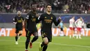 Pemain Real Madrid, Brahim Diaz melakukan selebrasi setelah mencetak gol ke gawang RB Leipzig pada laga leg pertama 16 besar Liga Champions 2023/2024 di Red Bull arena stadium, Leipzig, Jerman, Rabu (14/02/2024) dini hari WIB. (AP Photo/Matthias Schrader)
