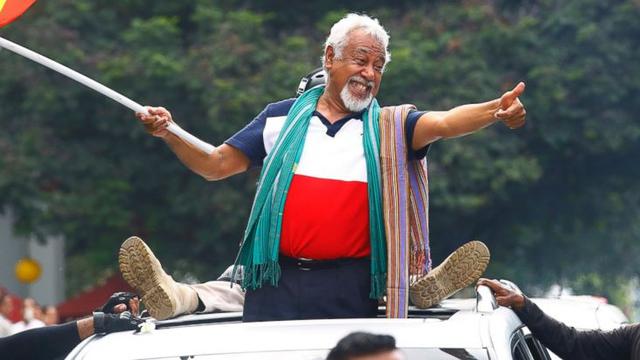 Xanana Gusmao saat tiba di Dili usai menjalani perundingan antara Timor Leste dengan Australia terkait kesepakatan garis perbatasan maritim (11/3) (AP PHOTO/Valentino Darriel)