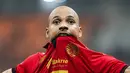 Pemain Persija Jakarta, Gustavo Almeida, melakukan selebrasi setelah mencetak gol ke gawang Bali United pada laga BRI Liga 1 di Stadion Jakarta International Stadium (JIS), Jakarta, Sabtu (10/5/2025) malam WIB. (Bola.com/Abdul Aziz)
