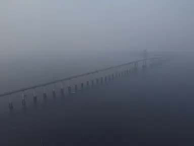 Asap kebakaran hutan memenuhi udara di sepanjang jembatan Jornalista Phelippe Daou di atas Sungai Negro di Manaus, negara bagian Amazonas, Brasil, Selasa (27/8/2024). (AP Photo/Edmar Barros)